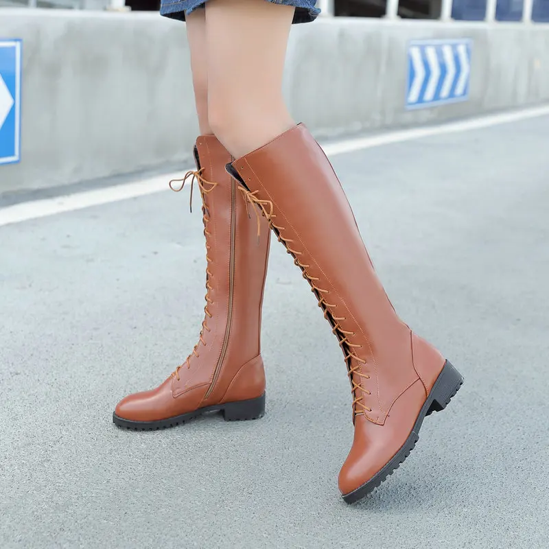

Ladies Platform Autumn Winter Comfort Low Heel Martin Boots Fashion Zipper Round Toe Cross Tied Knee High Boots Black Brown