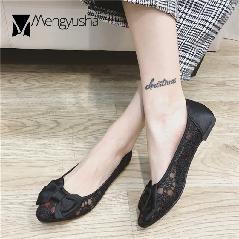 summer pointed toe lace breathable women shoes comfortable flats office ladies loafers casual mesh bow-knot shallow boat shoes