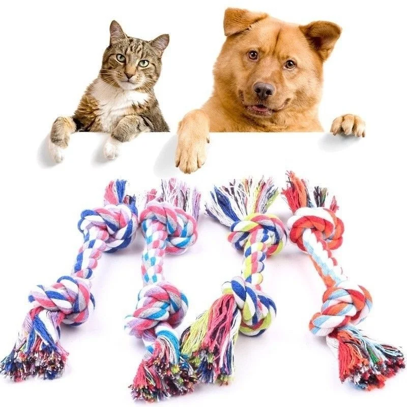 Цветная игрушка с двойным узлом для маленьких и больших собак, кошек, собак, прочных жевательных игрушек, щенков, плетеных хлопковых канатов, молярных принадлежностей для домашних животных