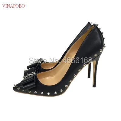 black rivet bow-knot high heels patent PU leather high heel women's shoes 10cm 12cm wedding shoes woman Party shoes bridal shoe