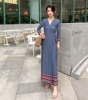 

Make the Bali blue v-neck elastic holiday a chip of cultivate one's morality dress dress feng printing wrap dress