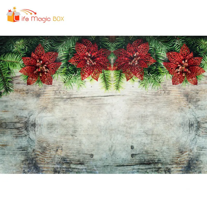 

LIFE MAGIC BOX Christmas Nativity Photo Background Red Flowers Wood Green Leaves for Photographer Backdrops