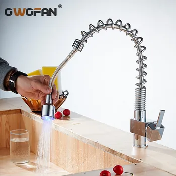 

Modern Led Spring Pull Down Kitchen Faucet Chrome Finish Single Handle 360 Swivel Handheld Faucet Hot Cold Mixer Crane Tap 22016