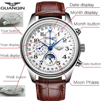 

GUANQIN 20022 Multifunctional Automatic Watch Mechanical Watch Men Waterproof Sapphire Crystal Mirror Leather Strap Men Watch