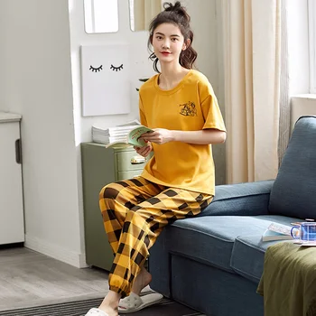 

2020 Autumn Cotton Pajama Sets For Women Cartoon Bears Sleepwear Femme Long Sleeve Pajamas Striped Pants Nightwear Home Clothing