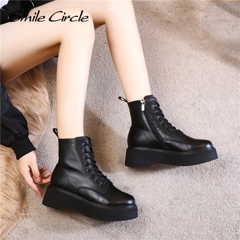 Women Boots Genuine Leather Ankle Boots flat Platform Boots Fashion zipper Thick bottom Black Ladies Shoes