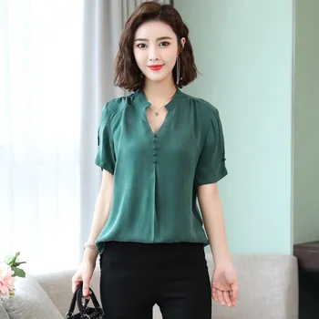 

Elegant Women Summer New Fashion Solid Color Pullover Button T Shirt Loose And Casual Plus Size Puff Short Sleeve Tops