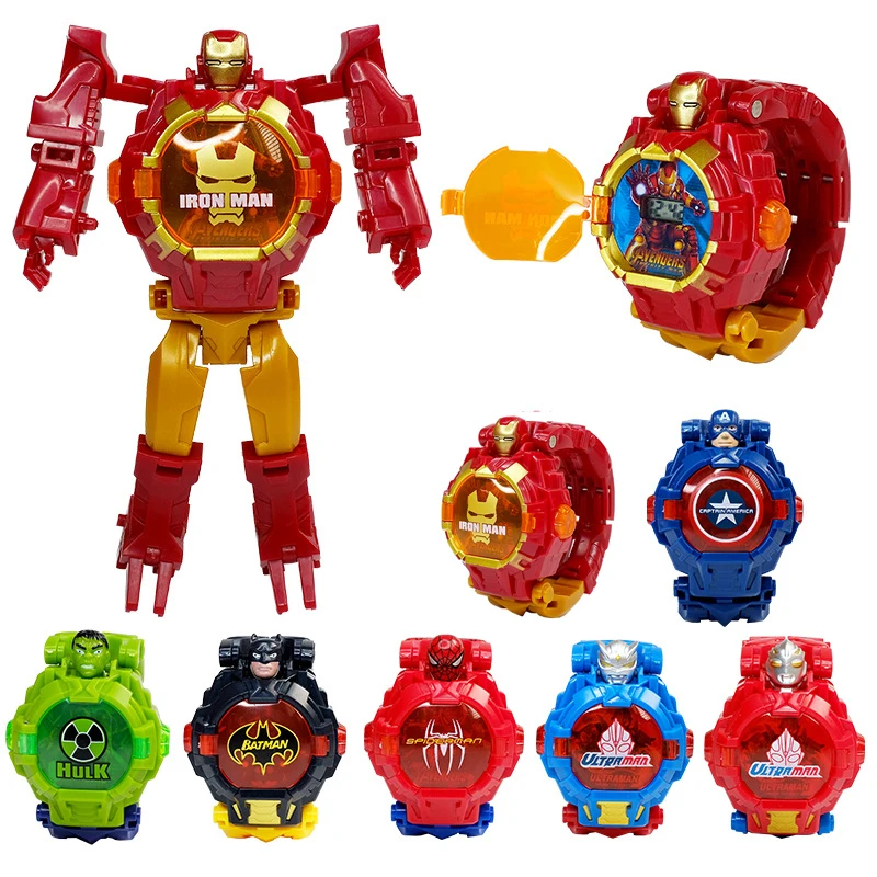 Мультфильм робот часы игрушки деформации Мстители дети трансформации Супер Герои Капитан Америка Железный человек наручные часы фигурка игрушка