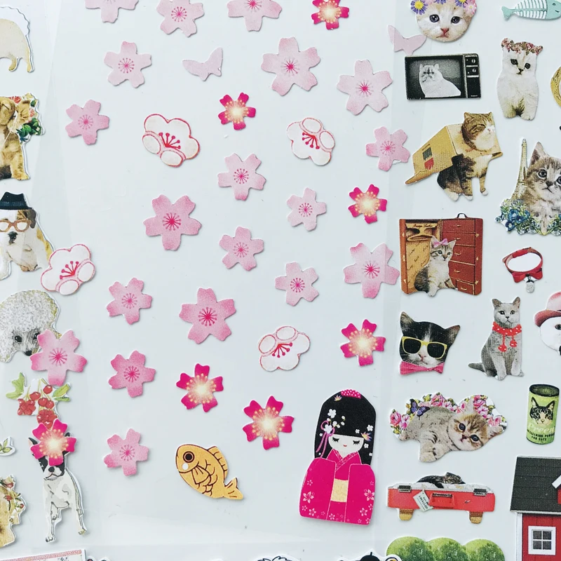

1 Sheet Cute Sakura Japanese Dolls Cats Dogs Sticker Decorative Album Diary Stick Label Hand Account Decor Stationery