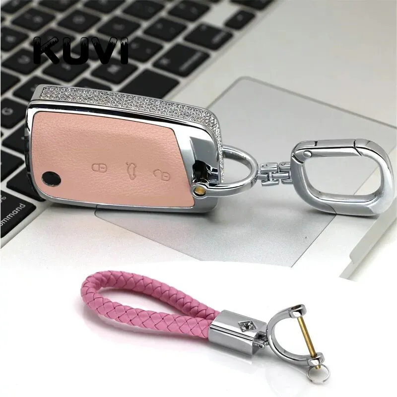 pink with keychain2 Сплав кожаный чехол для ключей автомобиля чехол для Volkswagen VW Golf 7 mk7 сиденье Ibiza Leon FR 2 Altea Aztec для Skoda Octavia - Название цвета: pink with keychain2