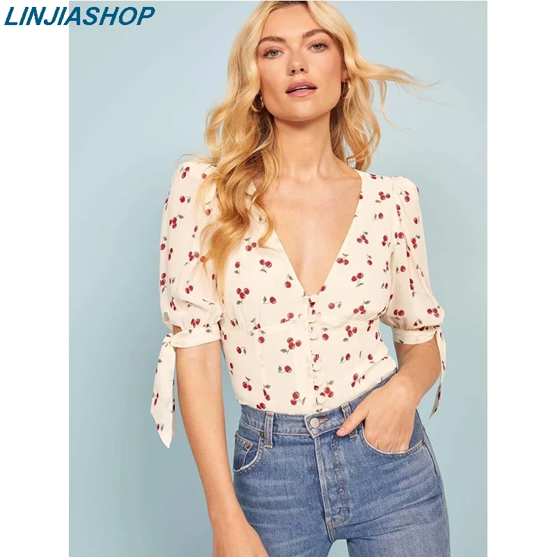 Elegant women's summer blouses and shirt v neck short sleeves with straps loose sexy summer crop top cherry print shirt women