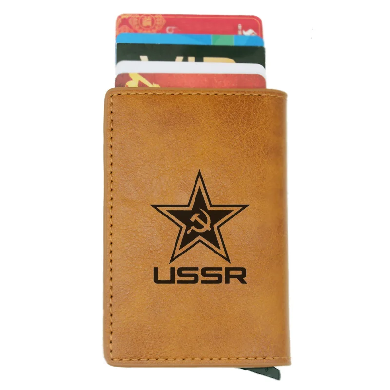 Classic USSR Soviet Badges Sickle Hammer Rfid Card Holder Men Wallets CCCP Russia Emblem Communism Black Leather Short Purse