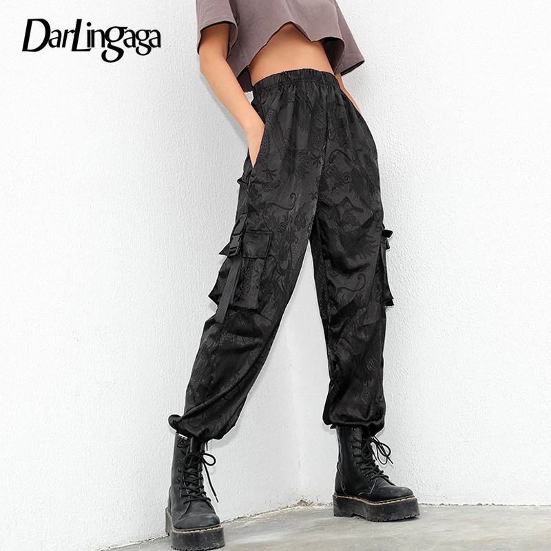 Darlingaga Chinese Style Dragon Jacquard High Waist Pants Buckle Pockets Trousers Streetwear Loose Cargo Pants Women Drawstring