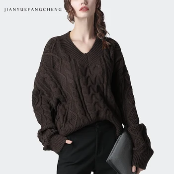 

Casual Thick Lines Twisted Knitted Sweater Women Bat Sleeved V-Neck Warm Outwear Winter Tops Loose Plus Size Brown Pullover