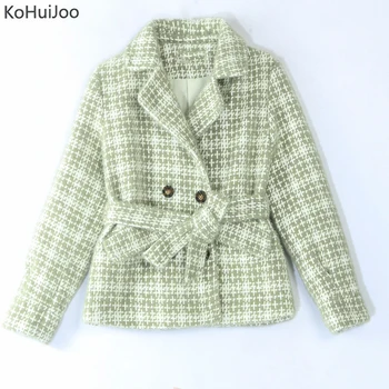 

KoHuiJoo Autumn Wool Jacket Women Slim Elegant Double Breasted Slim Korean Slim Female Winter Woolen Coat Pink Green