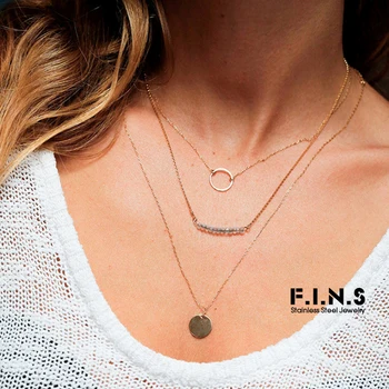 

F.I.N.S Bohemia Layered Stainless Steel Necklace Round Coin Crystal Beads Pendants Necklaces Chocker Necklace for Women Jewelry