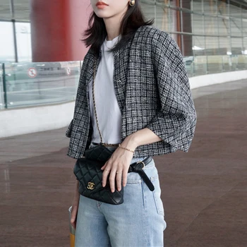 

Elegant Plaid Crop Tweed Jacket 2019 Fall O-neck Single Breasted Tweed Short Coat Female Autumn Elegant Outwear Lux Streetwear