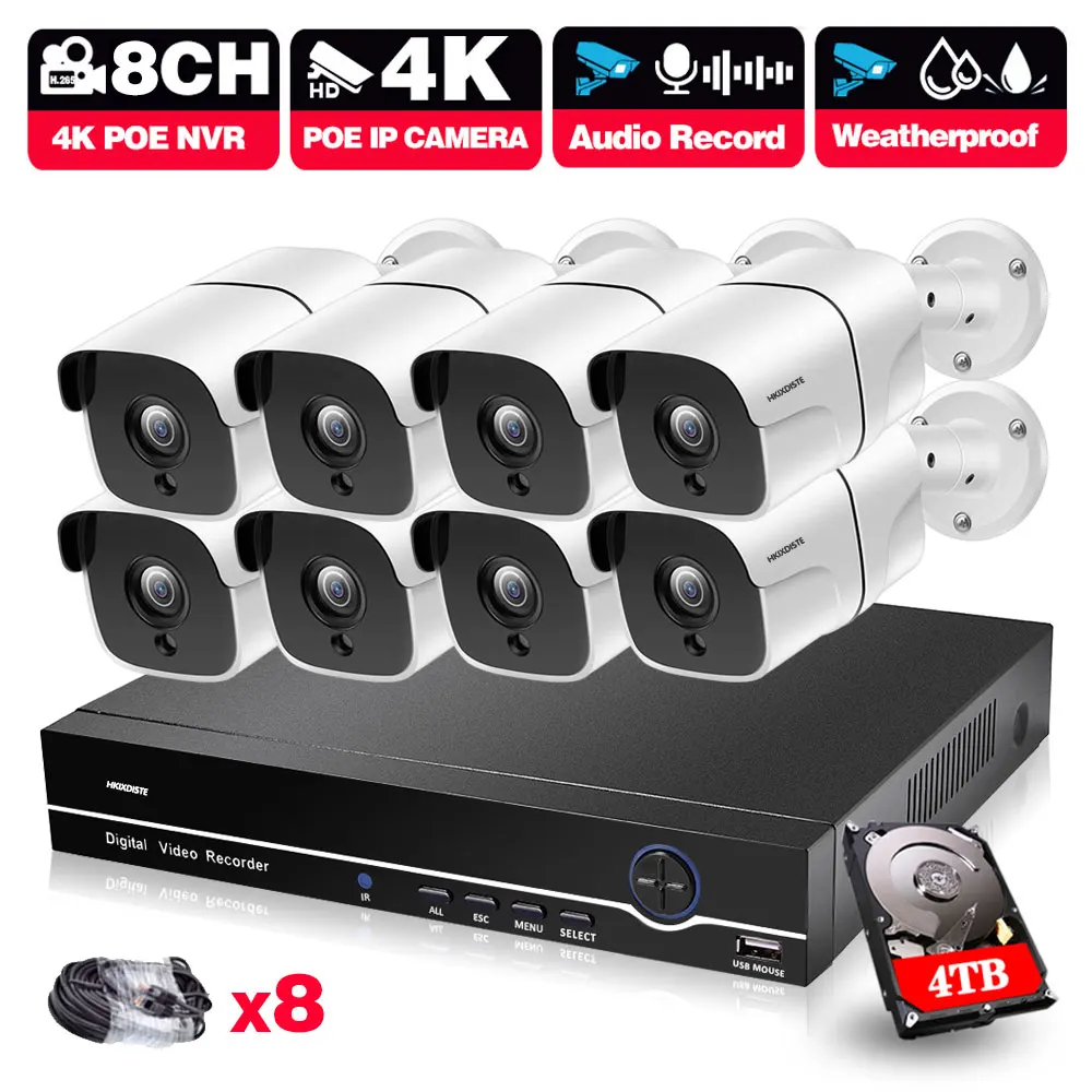 

4K Ultra HD 8MP система видеонаблюдения POE NVR Kit уличный CCTV Bullet IP комплект наружного домашнего видеонаблюдения