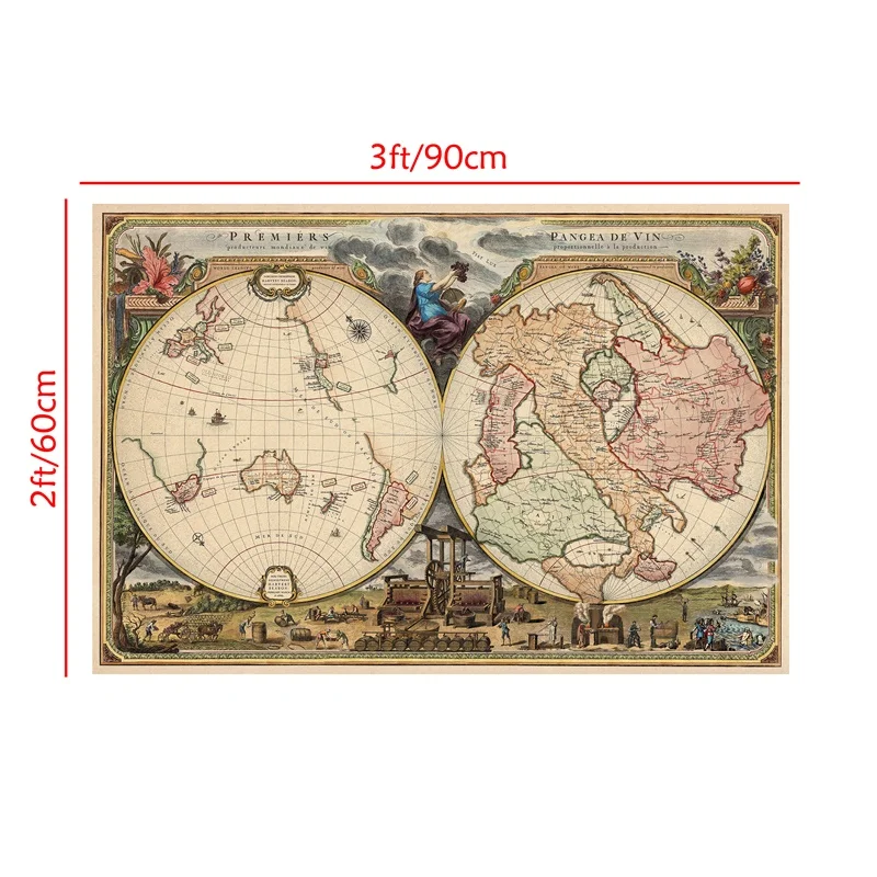 90x60cm Vintage Map Retro First Pangea of Wine Map Canvas Painting Posters and Prints for Home Bar Hotel Decoration