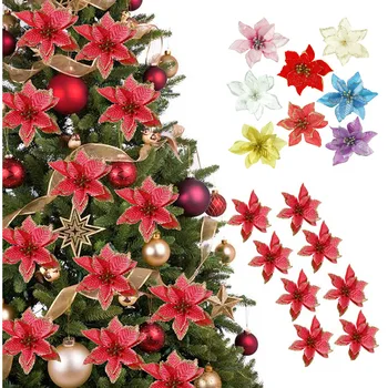 Adornos de flores artificiales con purpurina para Navidad, decoración de árbol de Navidad para fiesta en casa, regalo de Año Nuevo, 5/10 piezas, 2022