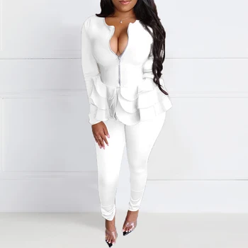 

Long Sleeve Ruffles Tops and Pants Suits Women Spring Autumn Casual Office Ladies Matching Outfits Two Piece Set Plus Size Fall