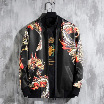 

Autumn Big Size Dragon Print Vintage Jacket Coat Mens Jackets Jaqueta Masculina Hombre Chaquetas Negras Streetwear Bomber Jacket