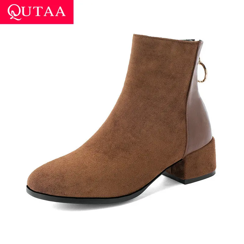 

QUTAA 2020 New Autumn Winter Pointed Toe Ankle Boots PU+Flock Fashion Square Low Heel Zipper Women Shoes Size 34-43