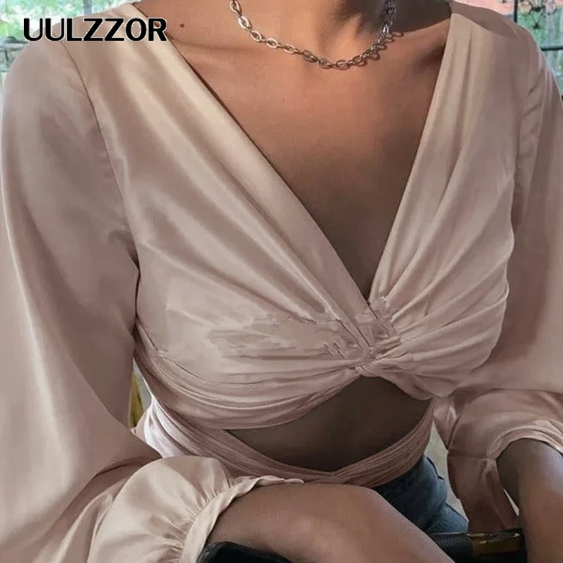 

UULZZOR women blouse shirts sexy bandage bow v neck long shirts sleeve satin blouse vintage short blouse shirts 2019 autumn crop