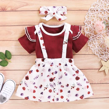 

Baby Set Red Outfits Short Sleeve Romper Back Strap Skirt Headband Outfits Ruffled Dress Clothes