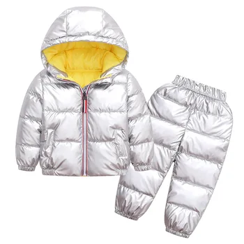 

Winter Childrens Down Jacket Cotton-Padded Clothes Boys and Girls Thick Warm Coat Shiny Silver Color Hooded Space Suit Down Coat