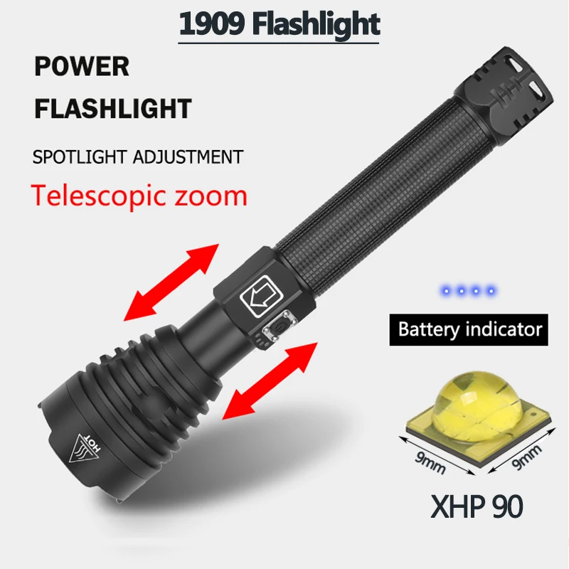 Самый мощный XHP90 светодиодный фонарик XLamp Zoom Torch XHP70.2 USB Перезаряжаемый тактический фонарь 18650 или 26650 ходовой охотничий фонарь