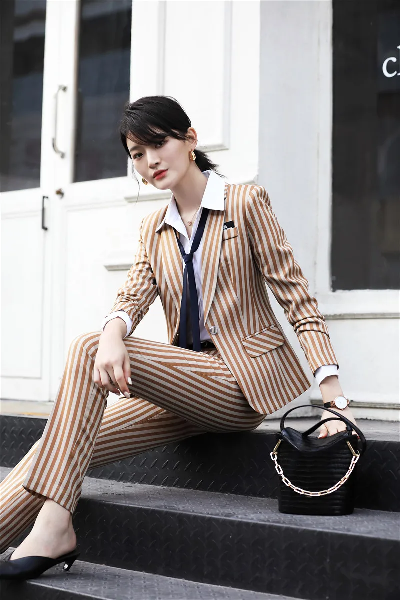 Модные Полосатые Формальные женские деловые костюмы со штанами и куртками, пальто, форменные дизайнерские брючные костюмы, осенне-зимние женские блейзеры