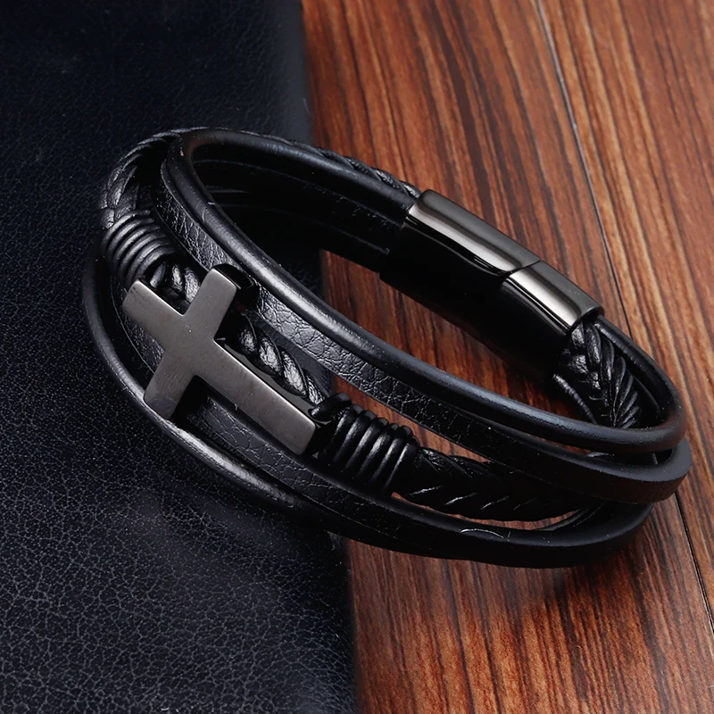 Luxury Multicolor Cross Design Classic Stainless Steel Men's Leather Bracelet Choose Handsome Men's Gifts - Image 6