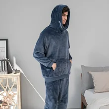 Thick Flannel Men Pajamas Sleepwear Coral Fleece Pyjamas Hoodies Two Piece Home Service Autumn Winter Warm Lounge Wear PJS