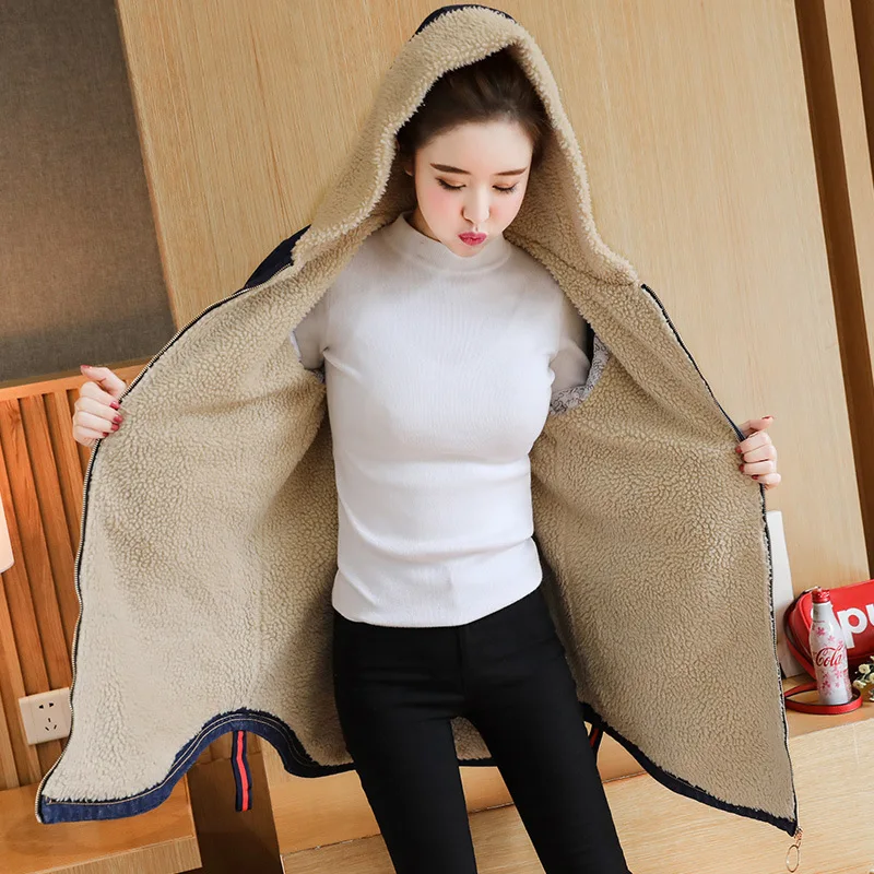 

Photo Shoot Women's Winter Loose Thick plus Velvet Cowboy Hooded Lambs Wool Mid-length Students Cotton Coat 8768 a
