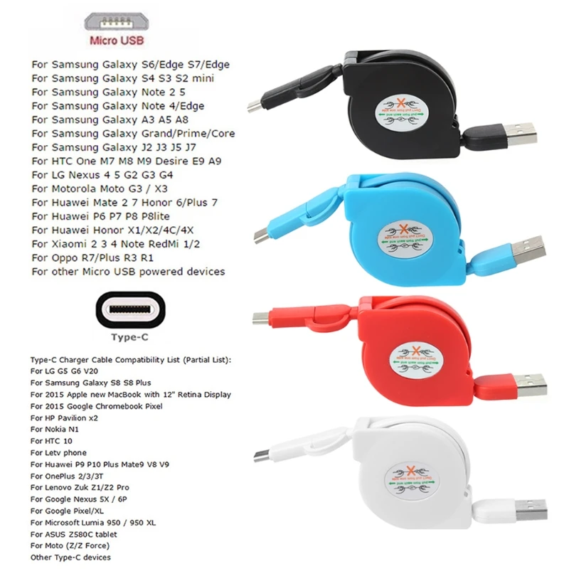 Выдвижной 2-в-1 Micro USB+ Тип C кабель для зарядки и передачи данных с плоский кабель для Anroid чехол для телефона