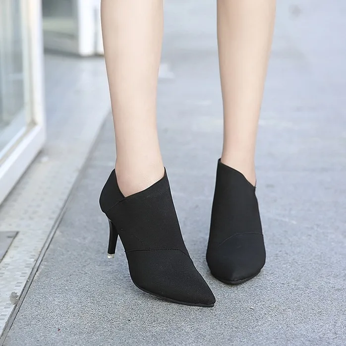 Grey Fashion Women High Heel Booties Large Size 34-41 Female High-Heeled Boots Young Ladies Booties 8.5cm Heel Cloth Boots