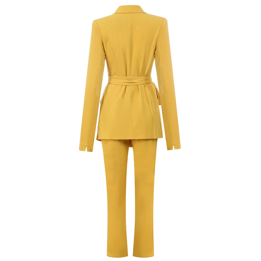 Зимние желтые вечерние Подиумные костюмы с курткой для знаменитостей, модные костюмы с v-образным вырезом, длинным рукавом, поясом, пальто и штаны, 2 предмета в комплекте