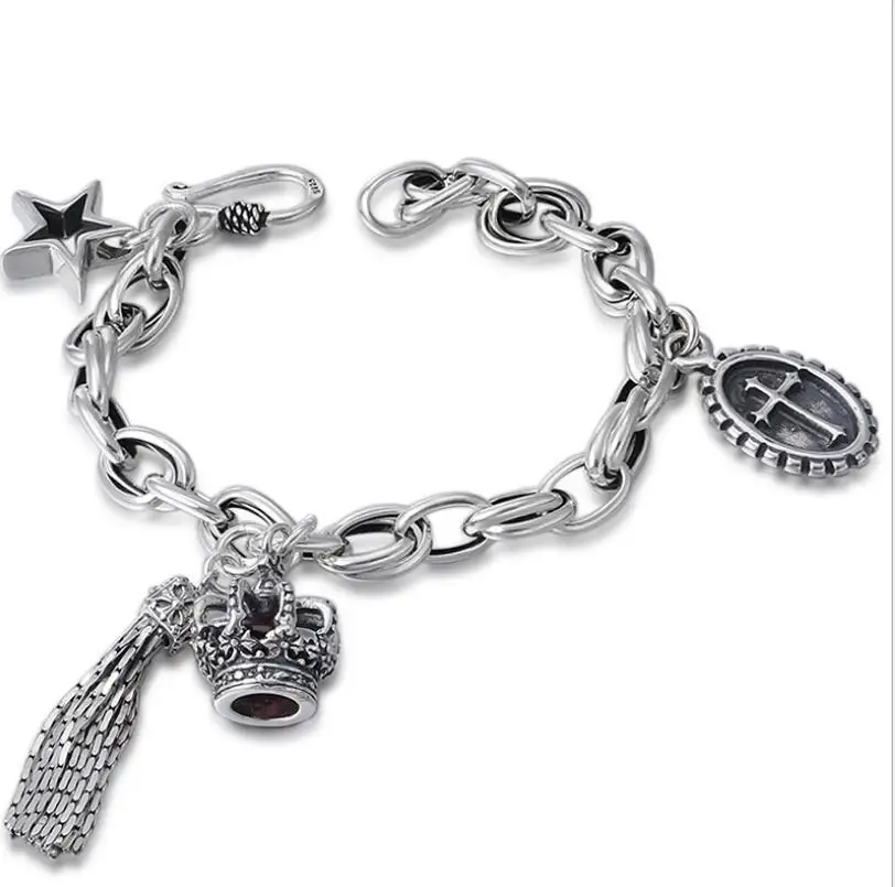 925 пробы серебро Ретро Корона кисточкой Крест Звезда прилива ювелирные изделия Женский S925 браслет(FGL