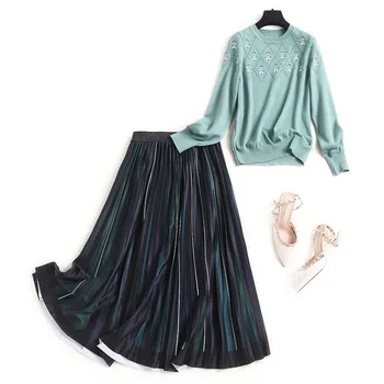 

2020 New Fashion Women Autumn Winter Outfits Long Sleeve Pullover Sweater and Pleated Skirt Suit 2 Piece Matching Sets