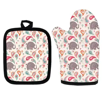 

Animal Baking Anti-Hot Gloves Oven Elephant/Giraffe Print Microwave Insulation Mat Mitts Potholder Mats for BBQ Home Kitchen