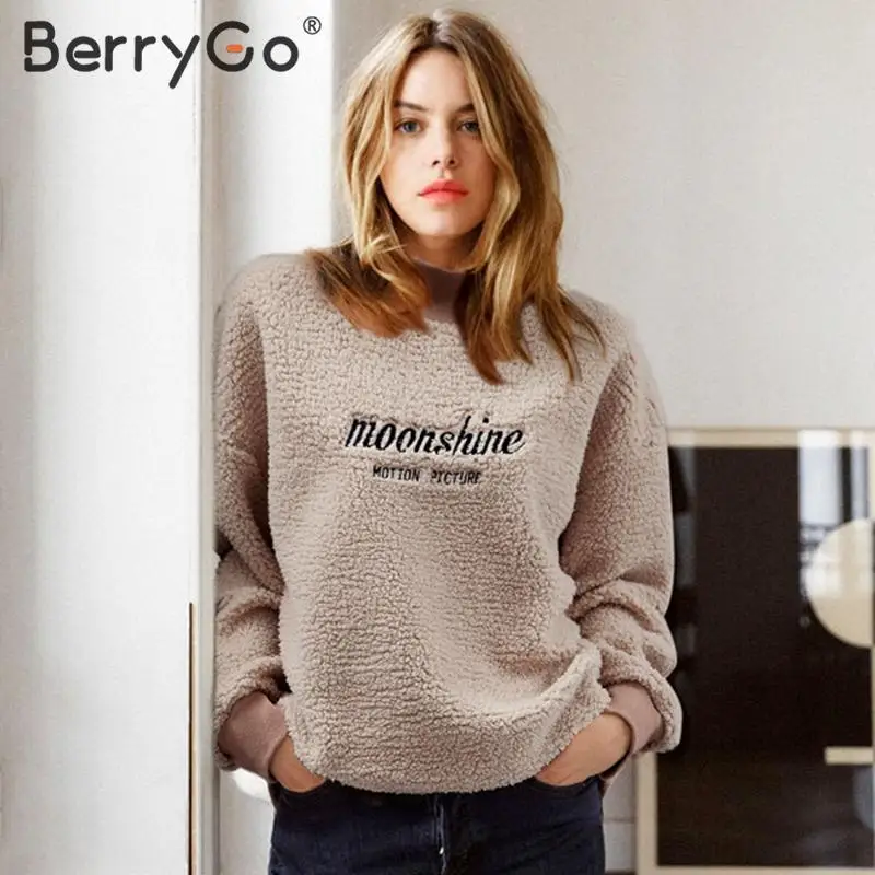 BerryGo, Повседневная Толстовка с искусственным мехом, женские толстовки с буквенным принтом, женские майки и футболки, Осень-зима, пуловеры с длинным рукавом