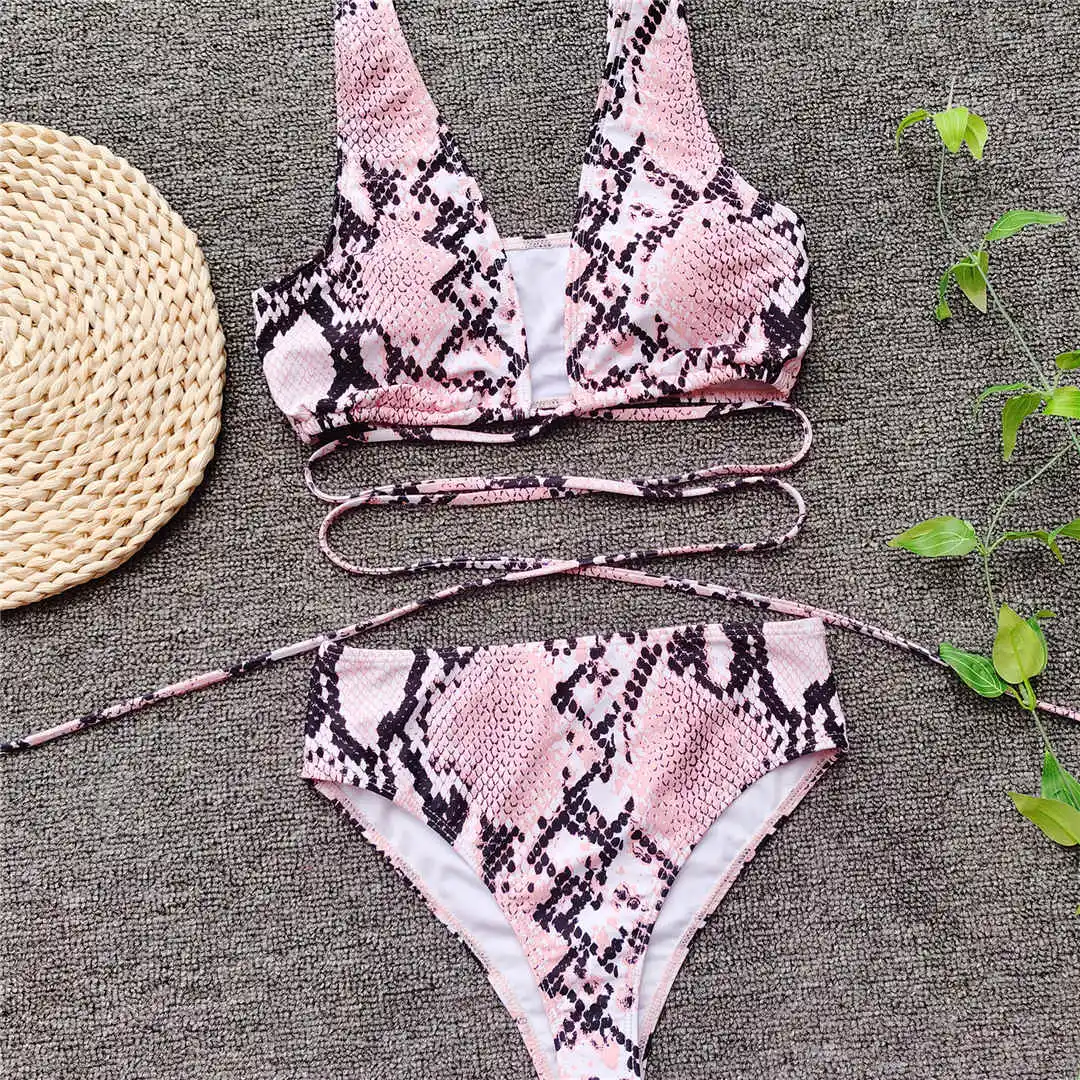 Pink Snake Skin High Waist Bikini Female Swimsuit Women Swimwear Two-piece Bikini set Wrap Around Bather Bathing Suit Swim V2417