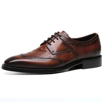 

Hot Sell Mens Genuine Leather Shoes Men's Dress Shoes British Style Lace Up Pointed Toe Black Brown Flats Dress Shoe