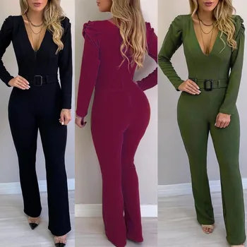 

2019 Sexy Solid Color Jumpsuit Rompers Women V Neck Long Sleeve Solid Long Jumpsuit macacao Loose Belted Jumpsui mono mujer #C8