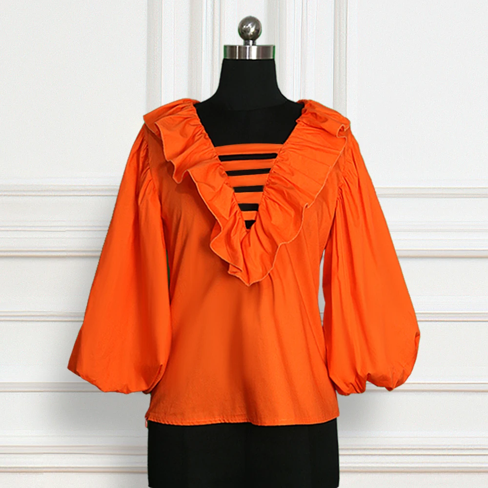 Orange Coloar Woman Top V Neck Half Sleeve Lantern Sleeve Sexy Club Wear Blouses Plus Size Blusas Mujer De Moda 2020 Verano