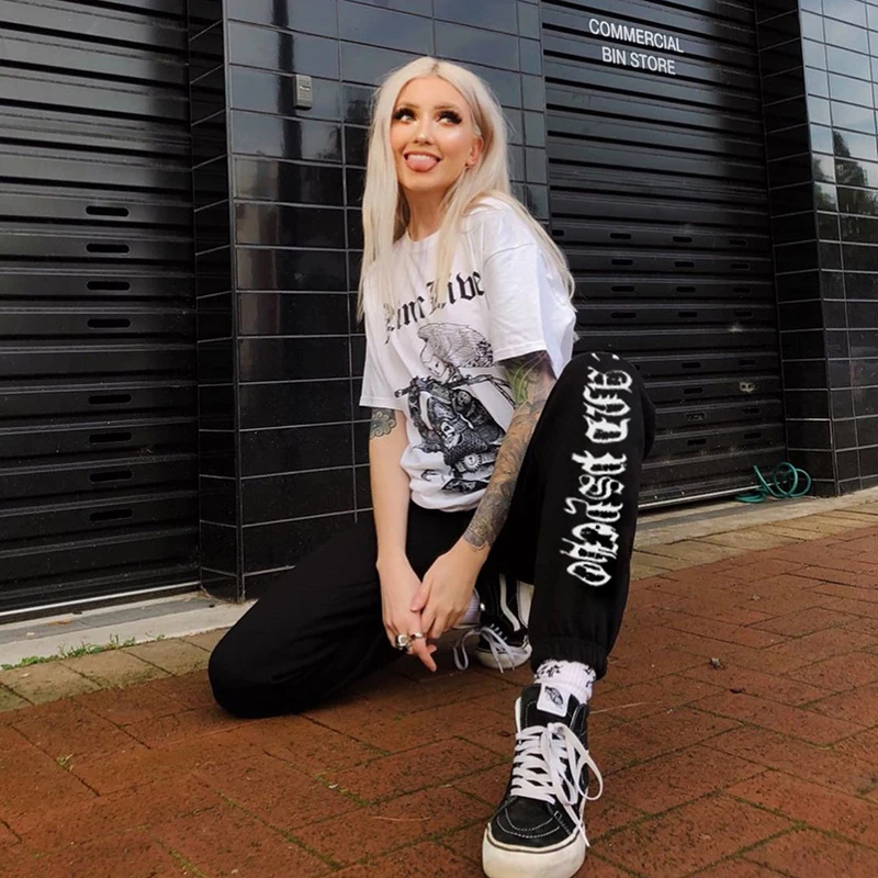 HEYounGIRL/осенние повседневные спортивные штаны с буквенным принтом; женские черные и белые брюки с высокой талией; женские шаровары в стиле Харадзюку; капри;