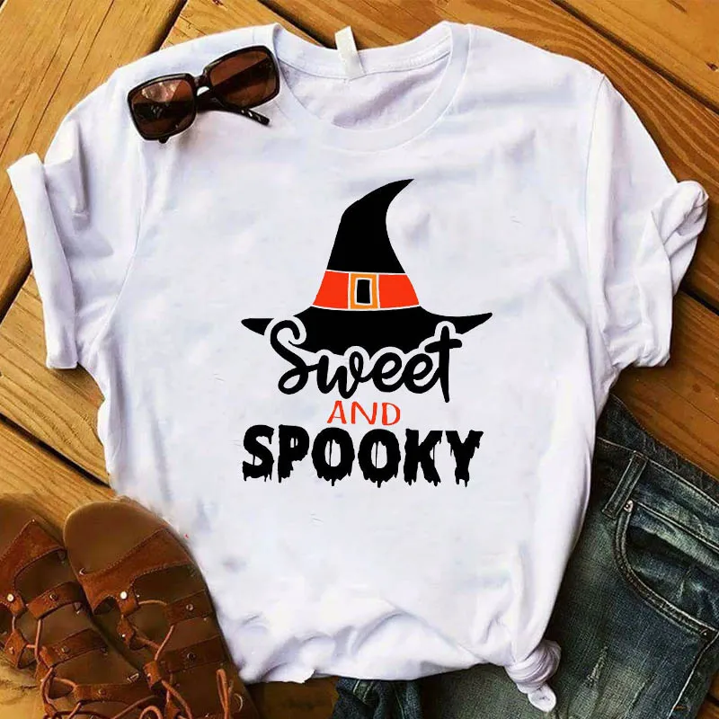 

Women T Sweet and Spooky Witch Hat Cute Womens Top Happy Halloween Tshirt Female Graphic Tee Shirt Ladies Clothes T-shirt