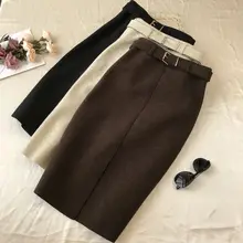 Новая шерстяная Женская юбка, Осень-зима, Ретро стиль, открытая вилка, высокая талия, средняя длина, полушерстяные юбки для женщин, Pockage, ягодицы, сексуальная юбка