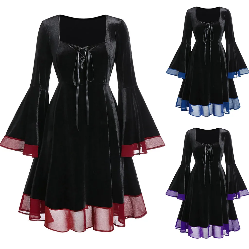 

CHAMSGEND Women Halloween Lace Up Patchwork Long Sleeve Mini Dress Cosplay Costome Medieval Renaissance Gothic Dress 19Sep19